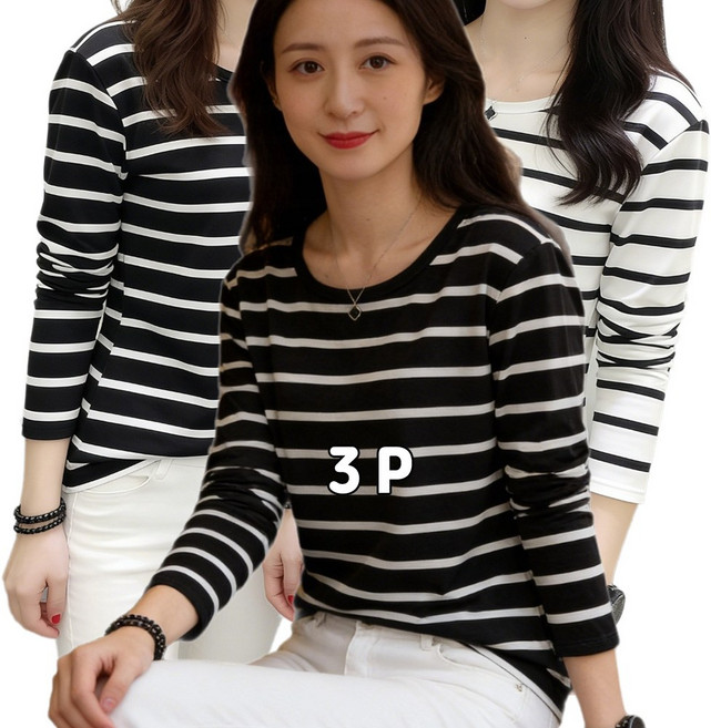 GMZZ 여성 봄 티셔츠 스트라이프 단가라 줄무늬 긴팔 티 3종 세트