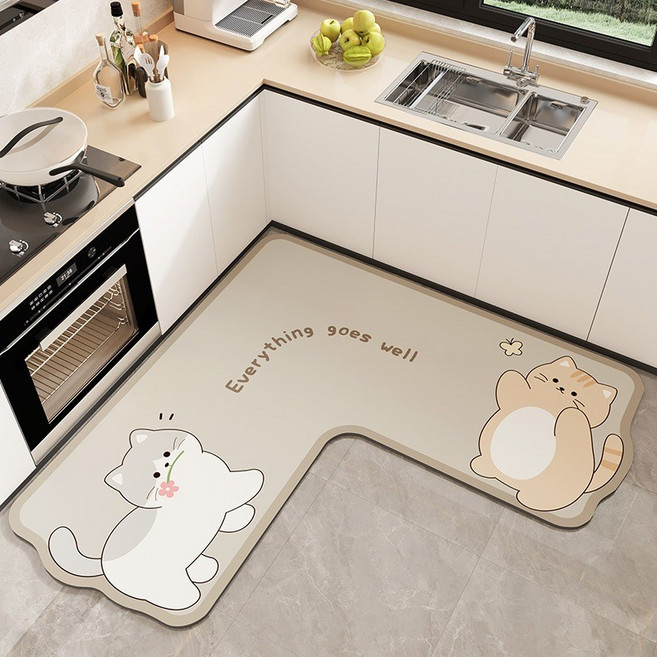 Arsjuo ㄱ자 빨아쓰는 규조토 발매트 미끄럼방지 화장실 욕실 주방 매트, 베이지 고양이, 1개