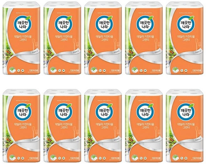 깨끗한나라 데일리 키친타올 그린티 150매, 8개입, 10개