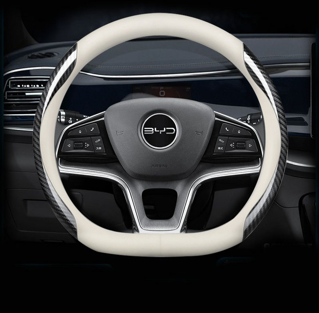 비야디 BYD 전차종 호환 프리미엄 나파 가죽 카본 핸들커버, D컷(BYD-02), 베이지 카본
