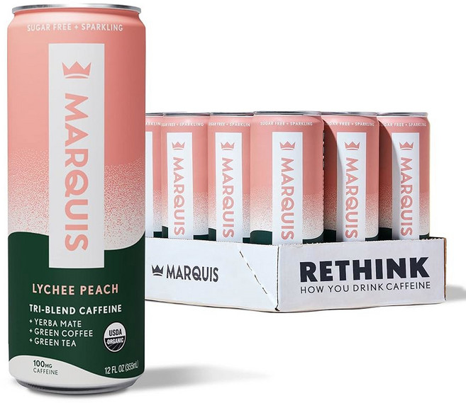 마르퀴스 내추럴 에너지 드링크 무설탕 제로 칼로리 100mg 식물성 카페인 예르바 메이트 녹차 & 그린 커피, Lychee Peach, 1개, 1, 355ml