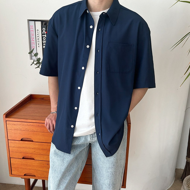 마르티 남성용 구김 없는 오버핏 링클프리 빅사이즈 반팔 남방 셔츠