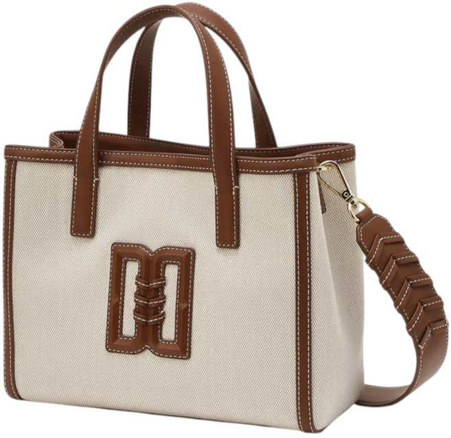 닥스 여성 베이지 캔버스 천연 소가죽 체크 배색 크로스백 겸 토트백