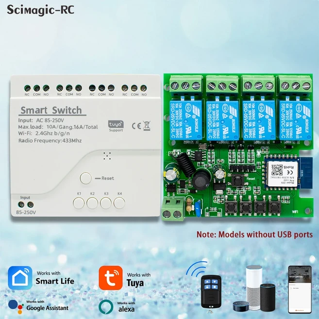 쿠쿠스토어 4채널 투야 스마트 스위치 WiFi 릴레이 모듈 AC/DC 7-32V RF433 조명 및 차고 문 개폐기, 05 WIFI AC 85-250V