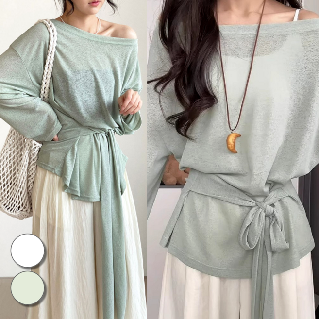 핏몬 여성 55~77 루즈핏 랩 얇은 긴팔 니트 티셔츠