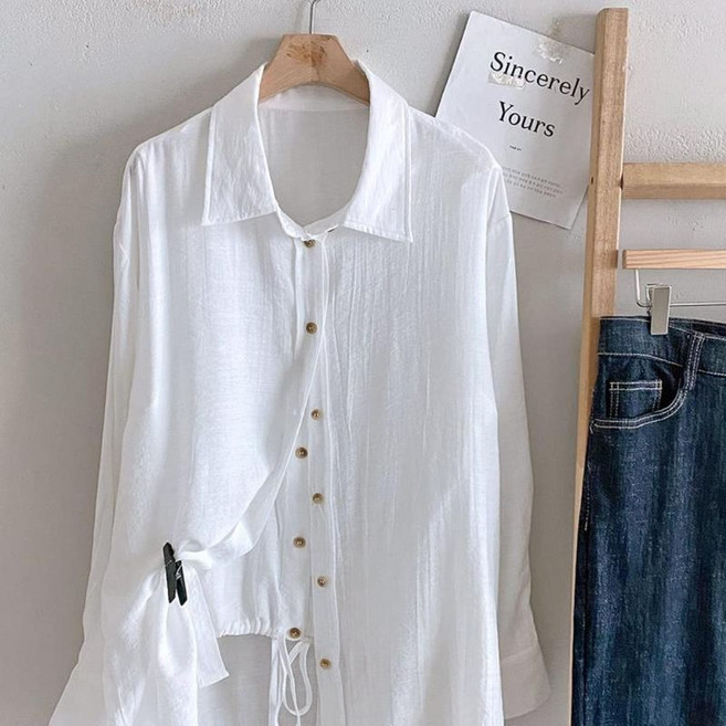 여성 단색 레이온 찰랑핏 벌룬 소매 블라우스