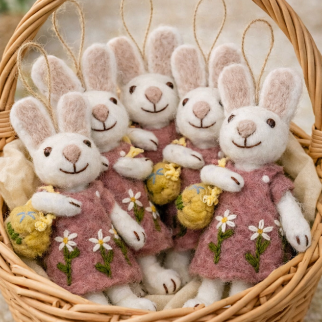 토브몰 핸드메이드 양모 펠트 동물 인형 미니 소품 장식 선물 10종, 1개, 꽃자수토끼