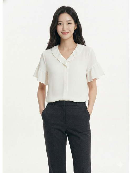 크로커다일레이디 라이트옐로우 브이넥 프릴 포인트블라우스 CLBMBL123