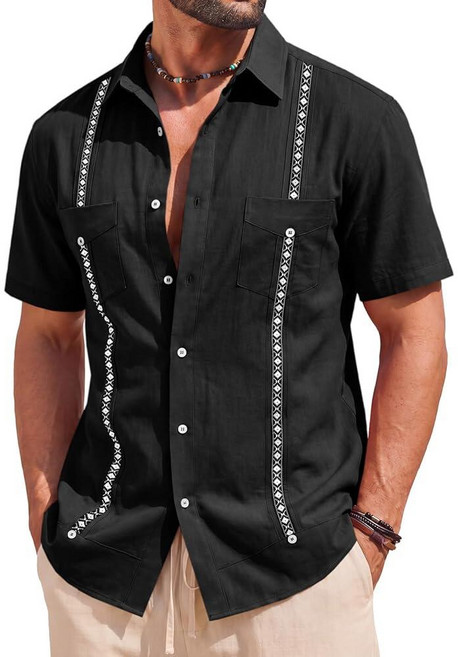 Runcati Mens Cuban Guayabera Linen Shirts Button Down Short Sleeve Cotton Casual Hippie Summer Bea