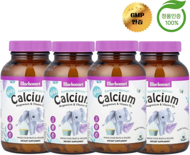 2+2 블루보넷 뉴트리션 어린이용 마그네슘 및 비타민D3 바닐라맛 90정, 4개 - 쿠팡