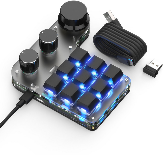 기계식 매크로 키보드 단축키 키보드 프로그레밍 키보드 편집 한손 사용 3모드 연결 2.4G 수신기 배치, 9키 3노브 블랙, 블루투스, 적축