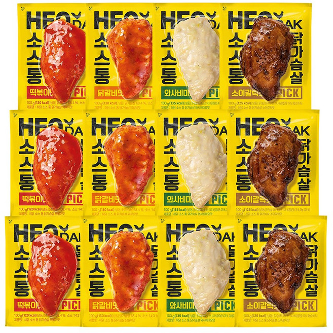 허닭PICK 소스 통 닭가슴살 4종 혼합 (떡볶이맛 닭갈비 소이갈릭 와사비마요), 12개, 100g