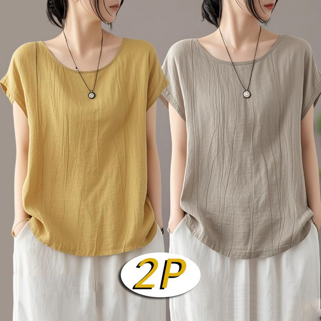 1+1 여성 빅사이즈 반팔티 여름 린넨 루즈핏 데일리 캐주얼 반팔 티셔츠