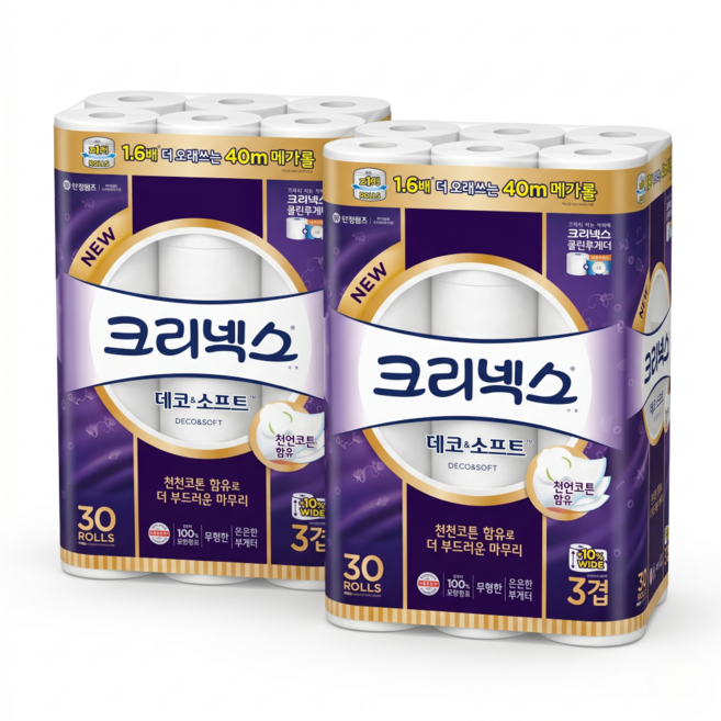 크리넥스 데코&소프트 3겹화장지 40m 30롤 2개