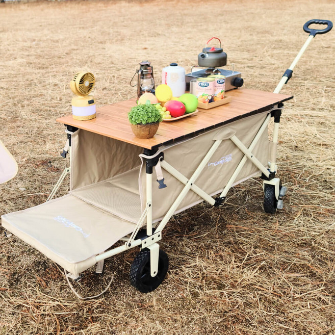 캠프365 파파웨건 스포츠 베이지 아웃라이더 감성 우드상판 롤 테이블 세트 나무 접이식 캠핑 웨건 카트, 스포츠 베이지 + 우드 롤테이블, 1개