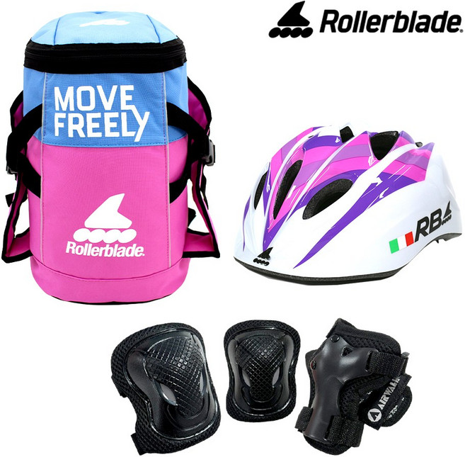 인라인 자전거 가방 헬멧 보호대 롤러블레이드 어린이 유아 보호장비 레드블랙, 가방_핑크블루/헬멧_퍼플, 보호대_블랙M