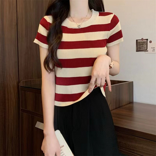 여성용 스트라이프 골지 라운드넥 반팔 니트 티셔츠