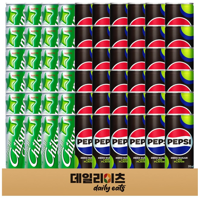 소캔 탄산음료 펩시콜라 제로라임 190ml 36캔 + 일반 칠성사이다 190ml 24캔, 1박스