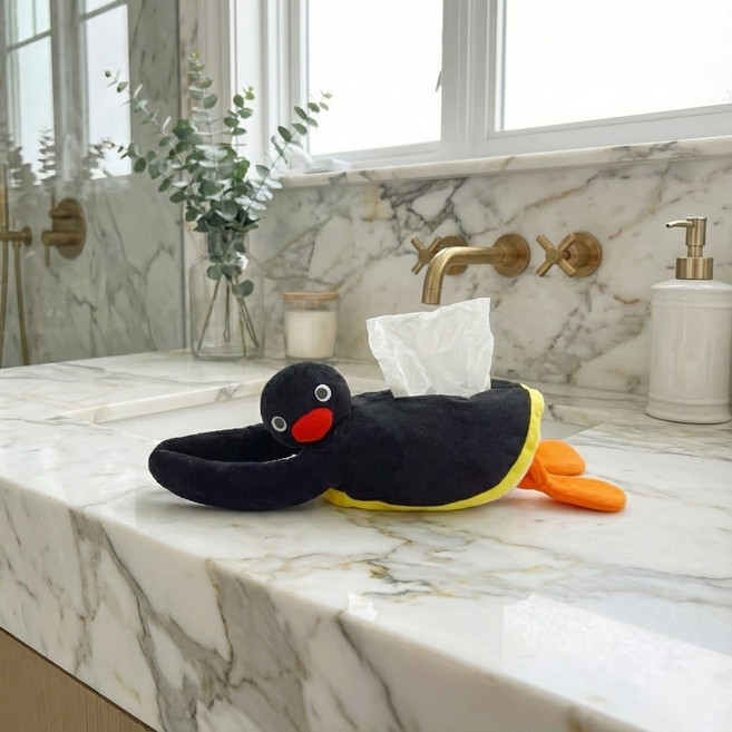 핑구 걸이형 티슈 커버 (Pingu) 귀여운 캐릭터 가정 침실 차량 기숙사 창의적 장식 수납 케이스 차량용 물티슈 휴지 케이스, 1개, 블랙