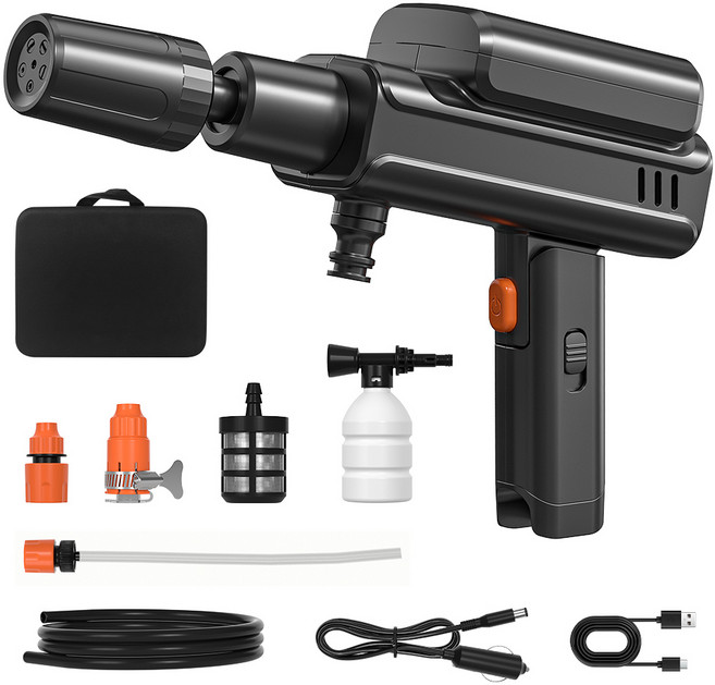 Gaayou 무선 고압 세차기 휴대용 미니 세차기 초장시간 사용 5in1 분사 노즐 충전 유선 겸용, 블랙