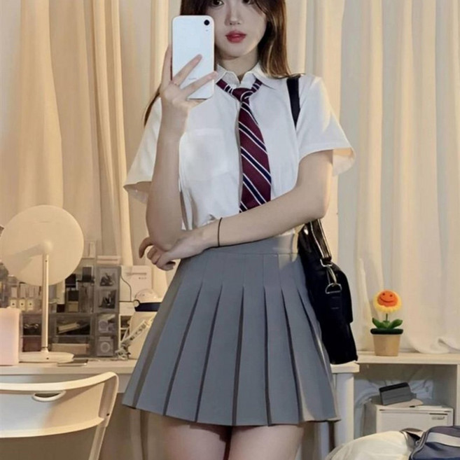 여성 스쿨룩 세트 반팔 셔츠 플리츠 미니스커트 넥타이 프레피룩 하이웨스트 교복 스타일 캐주얼 데일리 코디