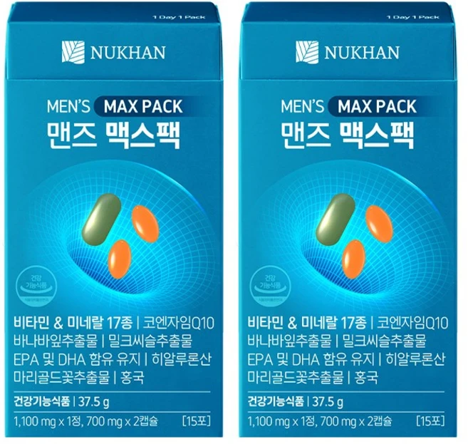 [본사 공식]뉴칸 맨즈 맥스팩 멀티비타민&미네랄 17종 남성 올인원 코엔자임 오메가3 종합비타민, 2개, 15회분 - 쿠팡