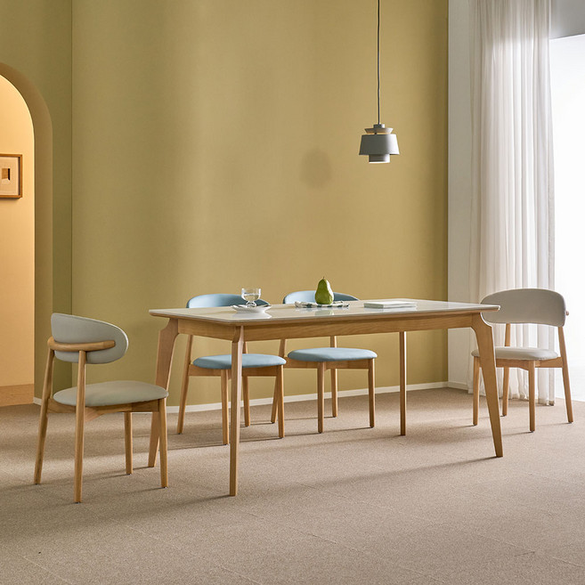 라라홈 아벨 통세라믹 애쉬 원목 4인 식탁세트 의자형 1600테이블 의자4, 아벨의자_베이지3+블루1, 1600 화이트마블상판_유광