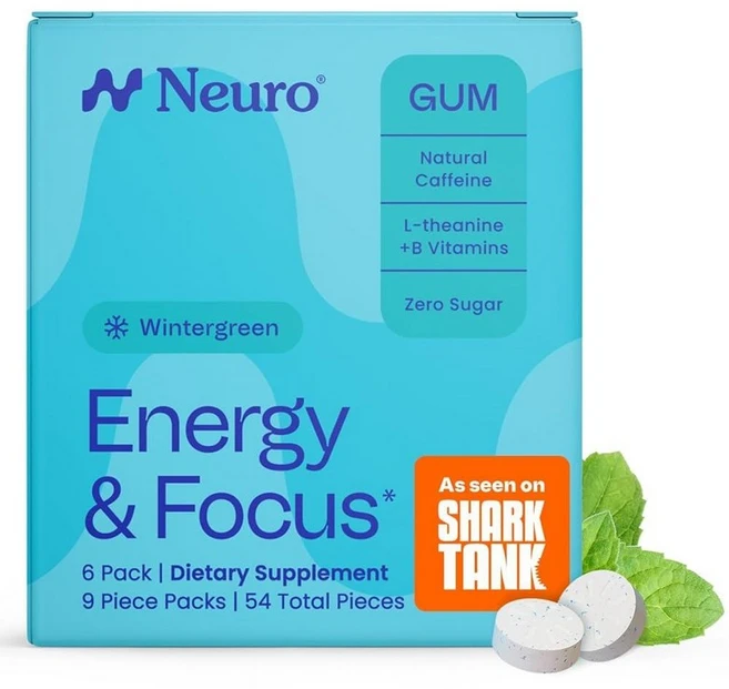 Neuro Energy & Focus 잇몸 - 40mg 천연 카페인 껌 및 누트로픽 에너지 보충제 L-테아닌 비타민 B 함유 무설탕 비건 윈터그린 54개입 216387, Wintergreen, 1, 1.7g - 쿠팡