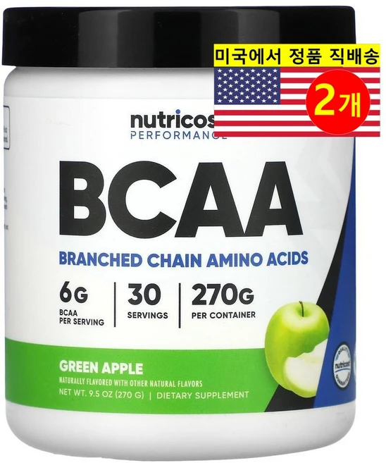 Nutricost 운동능력 BCAA 분지 사슬 아미노산 그린 애플 맛, 270g, 2개 - 쿠팡