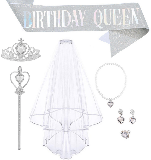 [청춘교복] 공주 생일 파티 용품 5종세트+베일+어깨띠 브라이덜샤워 셀프웨딩 축하 연말 선물 소품 프린세스 코스튬 주얼리 왕관 요술봉 면사포 목걸이 액세사리, 1개, 화이트-벌스데이퀸