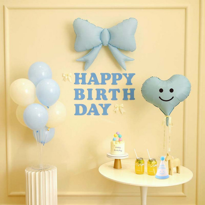 [파티랑]더스티 파스텔 리본 스탠드 생일파티 가랜드풍선세트, 1세트, 21)피콕블루 스마일하트형 (블루)
