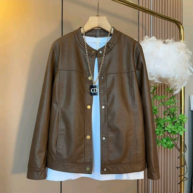 AOKADA 여성 봄 가을 루즈핏 차이나넥 레더 자켓 캐주얼 가죽 자켓 점퍼