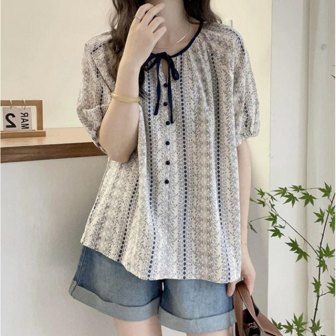 SAHINER 여성 반팔 블라우스 프린트 벌룬소매 리본 데일리 봄여름 BTX79
