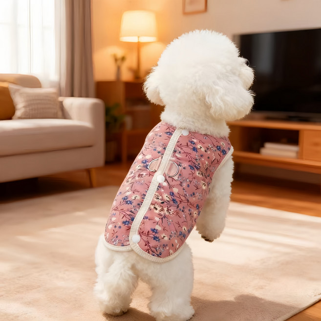 YAPOGI 강아지 한국 전통 할머니 꽃 누빔 패딩 겨울옷 하네스 조끼, 1개, 핑크