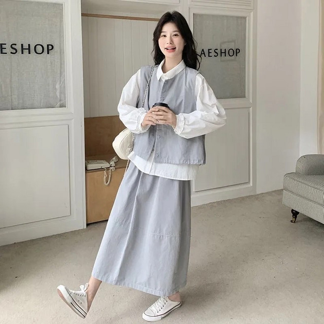 MAKABORO 여성 캐주얼 조끼 베스트 스커트 3ps 데일리 긴팔 셔츠 블라우스 롱 치마 3종 세트 루즈핏