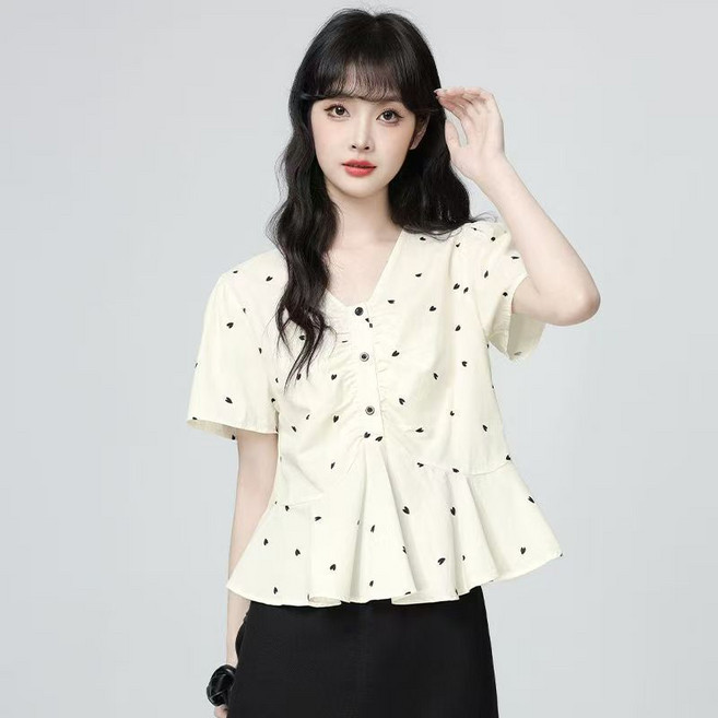 SAHINER 여성 반팔 블라우스 V넥 셔링 플레어 봄여름 데일리 BTX70