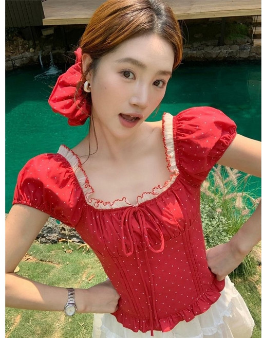 COSYEVNO 여성 여름 도트 패턴 스퀘어넥 셔링 반팔 블라우스 프릴 포인트 BCXpp-8