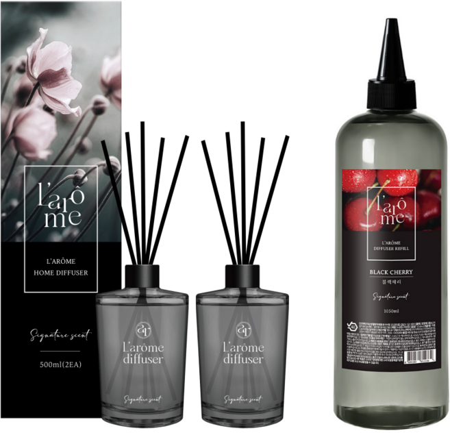 라홈 실내용 디퓨저 510ml 2p + 라홈 1050ml 대용량 리필오일, 2개, 2.07L, 블랙체리
