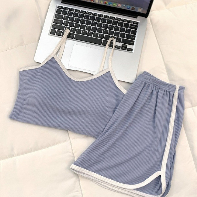 마리하우스 외출용 홈웨어 가슴패드가있는 나시+반바지 세트 투피스