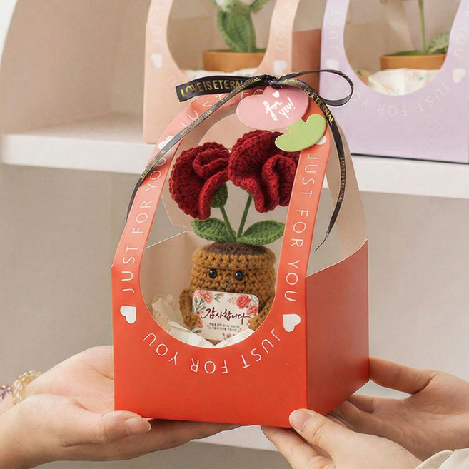 어버이날 스승의날 시들지 않는 손뜨개 카네이션 LED 무드등 화분 세트 (쇼핑백 포함) 감사선물, 레드, 1개