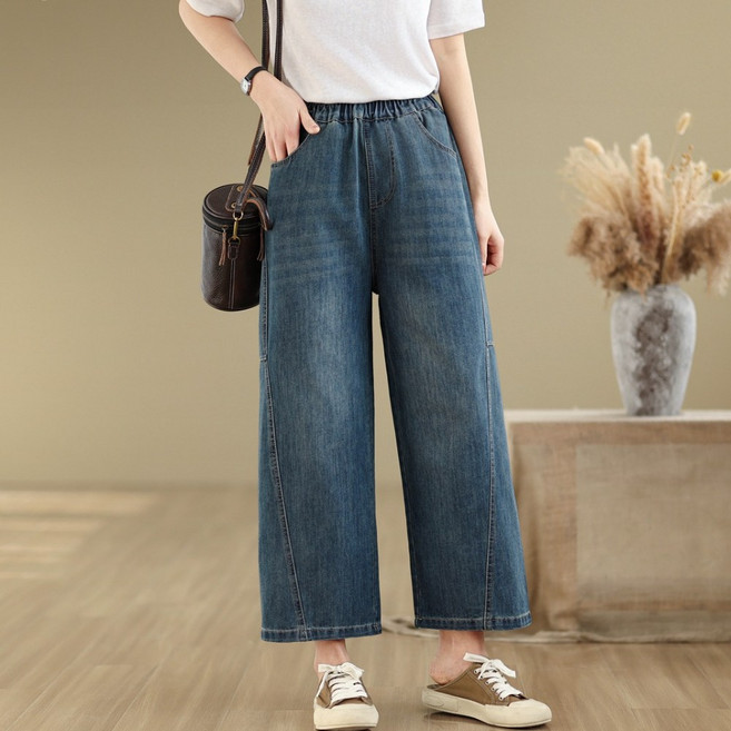 플랜앤유 여자 빅사이즈 밴딩 9부 와이드 데님 팬츠