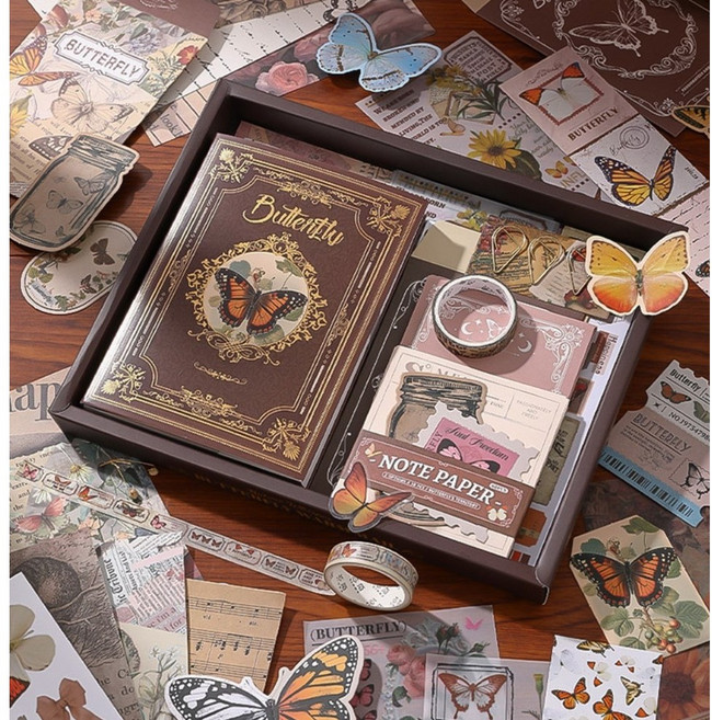 보스케 빈티지 나비 다이어리 꾸미기 140종 풀세트 다이어리포함, 브라운 빈티지