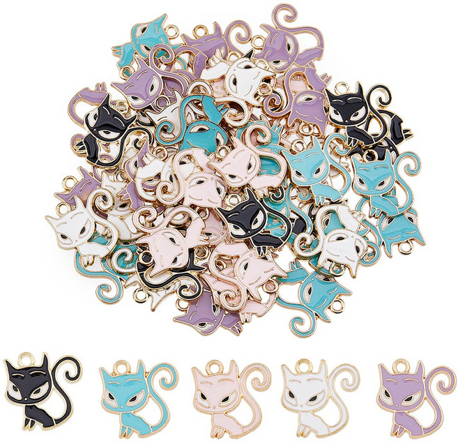 40개 고양이 합금 법랑 펜던트 DIY 악세사리 귀걸이 목걸이 키링 부자재 20x19.5x1.5mm 구멍: 2mm, 혼합 색상