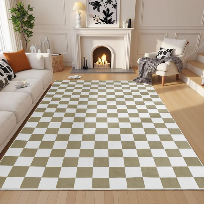 Terrug Pink 체크패턴e레드 Rug for Bedroom 4x6 Area Rugs Washable with Non Slip Living Room Soft Low Pi