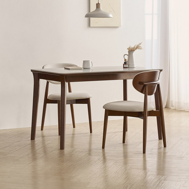 라로퍼니처 플레인 1250 포세린 통 세라믹 4인 고무나무 원목 식탁 세트, 식탁+의자2, 그레이