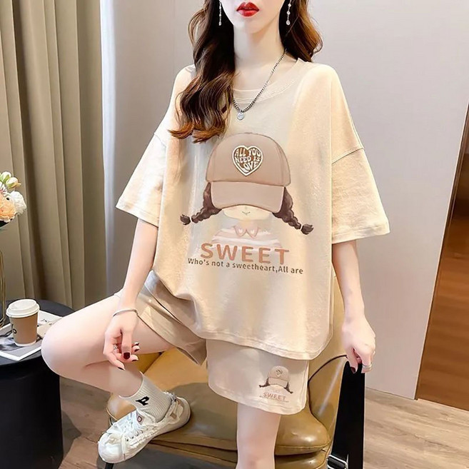 지고다그 여성 여름 캐주얼 빅사이즈 반팔 반바지 세트 귀여운 프린트 편한 투피스 SX69594