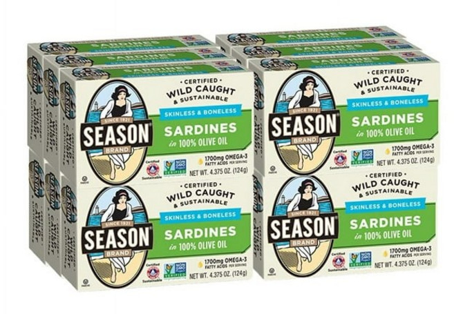 6캔세트 시즌 뼈없는 정어리 통조림 사딘스 SARDINES 100% 올리브유 124g, 6개
