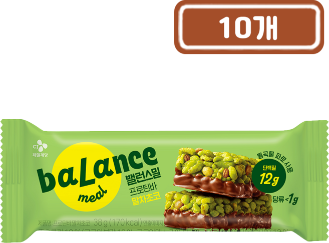 CJ 밸런스밀 프로틴바 말차초코, 38g, 10개