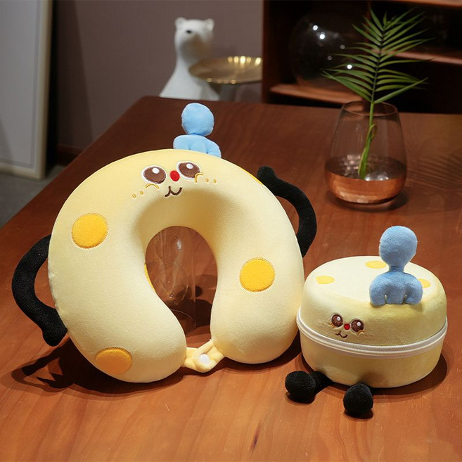 記憶棉U型枕 飛機睡覺護頸枕 便攜式旅行靠枕, 1個, 芝士-收納盒頸枕套裝