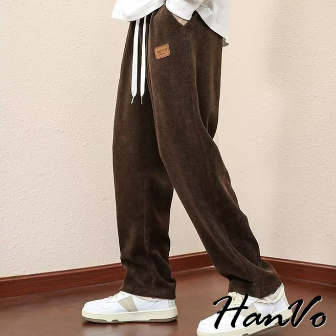 HanVo 燈心絨直筒抽繩長褲 寬鬆休閒長褲